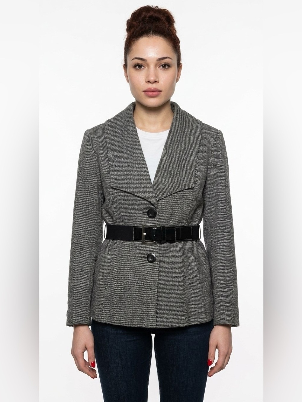 MICHEL ANTONI GREY WOOL BLEND BELTED BLAZER JACKET PLUS SIZE WOMAN 20